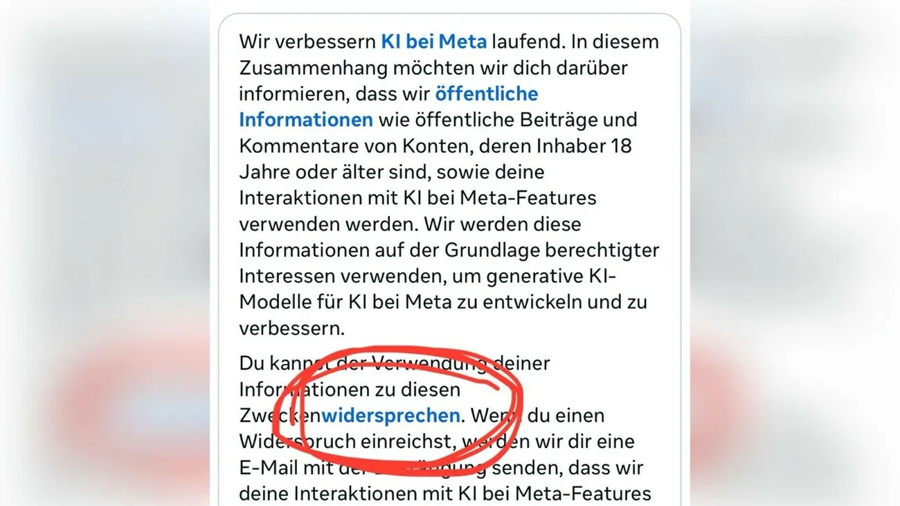 Screenshot einer Meta Benachrichtigung über die Nutzung von Daten für KI-Zwecke. Das Wort "widersprechen" ist hier rot umrandet.